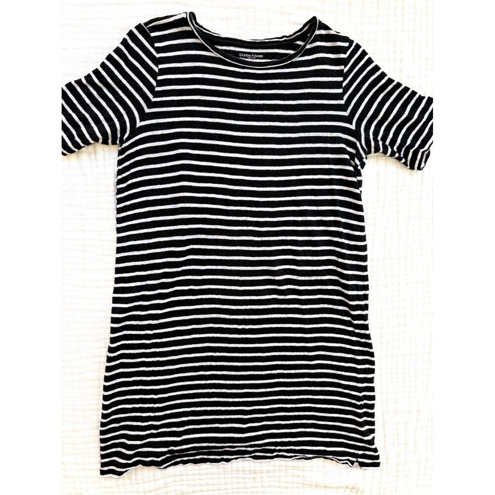 Eileen Fisher Organic Linen Striped T Shirt Dress Petite Small Black White